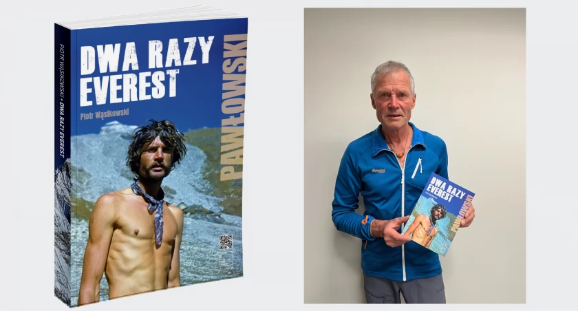 Ryszard Pawłowski z książką „Dwa razy Everest” Piotra Wąsikowskiego