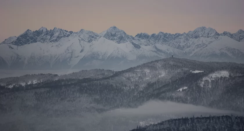 Widok na Tatry z Mogielicy. Na pierwszym planie Gorc z wieżą widokową. Zdjęcie Kuba Polanowski