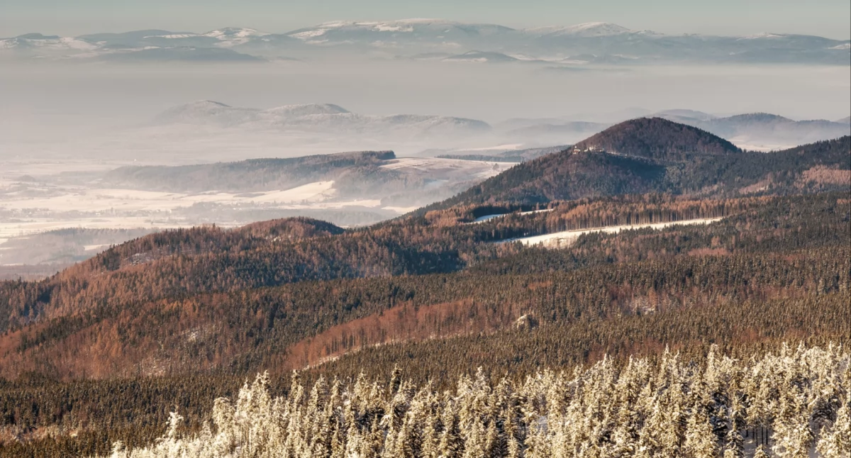 Widok ze zboczy Trójmorskiego Wierchu – Igliczna, za nią ramię Krowiarek, a na samym końcu Góry Sowie. Fot. Łukasz Lewandowski