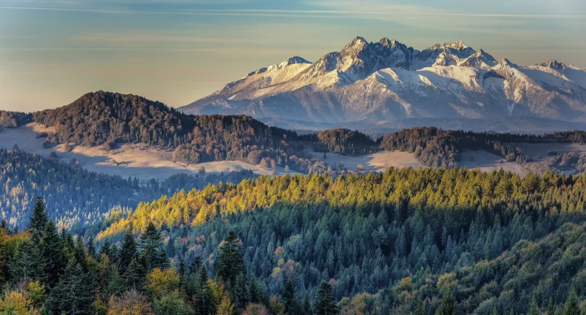 Panorama z Przełęczy Gromadzkiej na Tatry Bielskie i Wysokie oraz Pieniny Małe. Zdjęcie Wiktor Baron