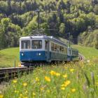 Niebieski pociąg kolei zębatej z Rigi zbliża się do stacji Kräbel na północnej linii z...